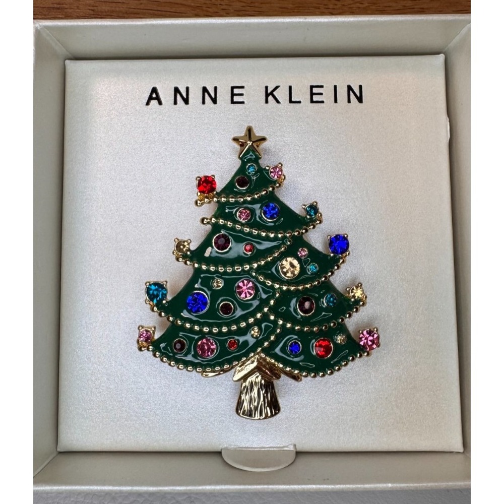 ANNE KLEIN Gold Tone‎ Christmas Holiday Tree Brooch Pin Rhinestones Enamel